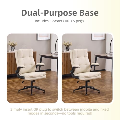 VINGLI Comfy Beige Leather Office Desk Chair, High-Back Support Ergonomic Computer Task Gaming Chair,with Removable wheels,360° Swivel,Adjustable Height,Flip-Up Arms,for Adults,Teen,Vanity,Home Office - color: Light Khaki-cat Scratch Pu