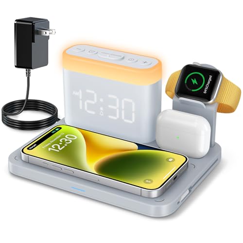 ANJANK Wireless Charging Station with Alarm Clock & Night Light,Magnetic 5 in 1 Charger Stand for Multiple-Device,Charging Dock for iPhone 17 16 15 14 13 12 Pro Max Plus,Apple Watch,Airpods,Nightstand - color: Grey