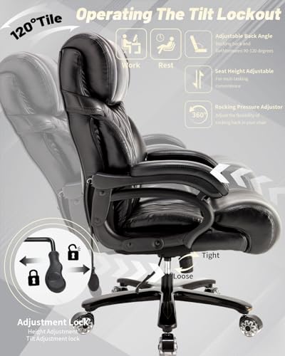 800LBS Big and Tall Office Chair for Heavy People, Extra Wide Seat and Adjustable Lumbar, Heavy Duty Executive Chair with High Back, Large Computer Desk Chair Comfortable for Home Office - color: Black