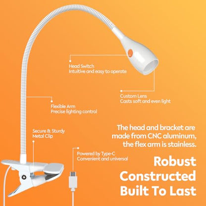 acegoo Minimalist Reading Light for Bed Headboard Dimmable White Book Light Clip on Lamp with USB-C Adapter, Flexible Neck & Handy Lamp Head Switch, CRI 90+ - color: White