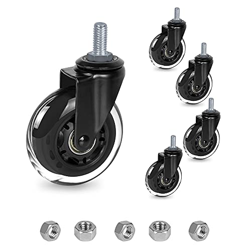 8T8 3 Inch Office Chair Caster Wheels Heavy Duty, Set of 5, 3/8"-16x1 (Not Metric M10), Threaded Stem Casters with Nuts, Replacement PU Rubber Wheels, Safe for Hardwood Tile Floors - style: Hex Nuts