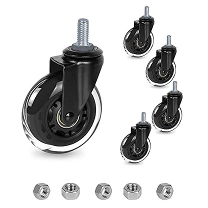 8T8 3 Inch Office Chair Caster Wheels Heavy Duty, Set of 5, 3/8"-16x1 (Not Metric M10), Threaded Stem Casters with Nuts, Replacement PU Rubber Wheels, Safe for Hardwood Tile Floors - style: Hex Nuts