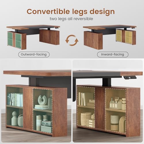 SEDETA 63" Executive Standing Desk with Storage, Executive Height Adjustable Desk with Power Outlets, Large Computer Office Desk with Privacy Panel for Home Office, Warm Golden Brown - color: Warm Golden Brown