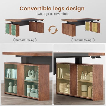 SEDETA 63" Executive Standing Desk with Storage, Executive Height Adjustable Desk with Power Outlets, Large Computer Office Desk with Privacy Panel for Home Office, Warm Golden Brown - color: Warm Golden Brown