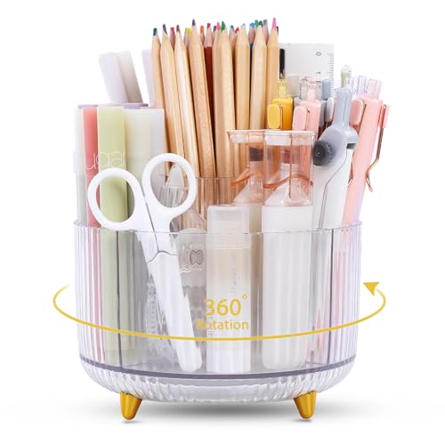 SKYDUE Rotating Pencil Pen Holder, Pen Organizer with 5 Slots - Aesthetic Desk Organizer and Accessories for School, Home, Office Supplies - color: Clear