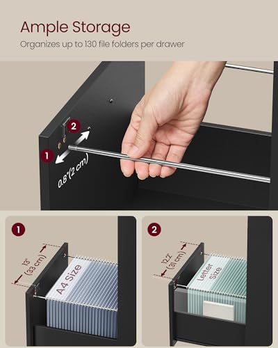 VASAGLE 3 Drawer File Cabinet with Locks, for A4, Letter Sized Documents - color: Ink Black, size: 3 Drawers
