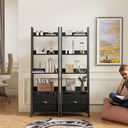 Furologee Ladder Shelf, Ladder Bookshelf with Drawer, Industrial 5 Tier Book Shelf, Display Open Bookcase Storage Shelves for Books, CDs, Photos, Black Shelving Unit for Home Office, Living Room