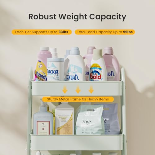 DUMOS 3 Tiers Rolling Utility Cart, Storage Organizer, Shelving Unit | Metal, Lockable Wheels, Mobile, Kitchen, Office, Bathroom, Laundry, Narrow Places, Light Green - color: 3-tier Green