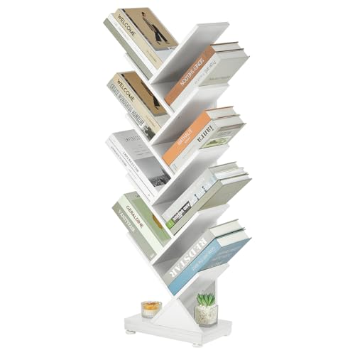 ruboka 9-Tier Tree Bookshelf Storage Organizer Display Rack (White) | Floor standing Bookcase, sturdy wood, space-saving. Ideal Book Shelf for living room, bedroom, office. Holds magazines, CDs. - color: White, size: 9 Tier