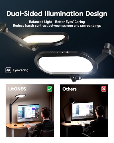 LitONES Dual-Side LED Desk Lamp with Clamp, Soft Light with Stepless Remote - color: Black