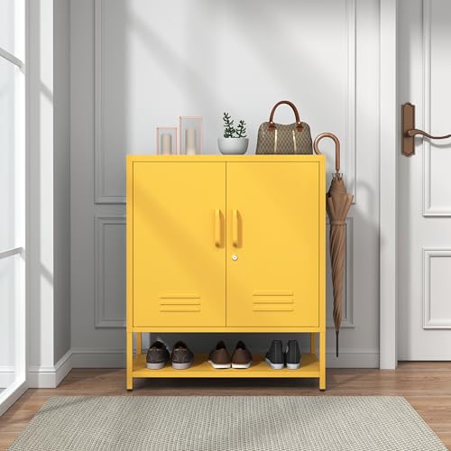 Yellow Lockable Metal Shoe Cabinet, Freestanding Accent Storage Cabinet with Adjustable Shelves, Multipurpose Storage Rack for Hallway Entryway Living Room 33" H X 29.5" W X 13.8" D - color: Yellow, style: 33 “H-Cabinet-XG