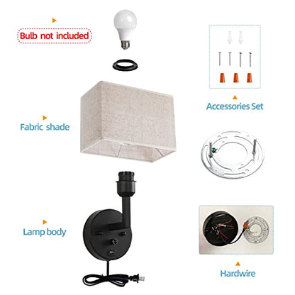 Plug in Wall Sconce with Dimmer Switch and USB Port，9.5“Rectangular Linen Fabric Shade，Bedside Wall Lamp Matte Black Finish，Wall Lamp Perfect for Bedroom, Living Room and Hotel. E26 Base - color: Black