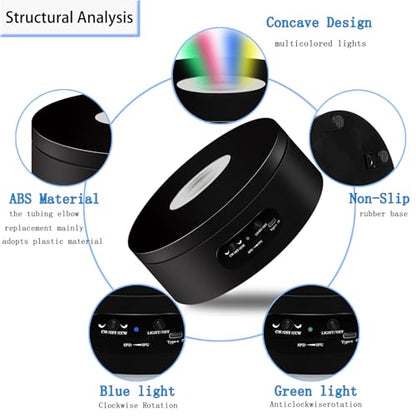YVV LED Rotating Display Stand, Lighted Base-Crystal Glass Art, 360 Degree Automatic Mute Rotating Turntable, Motorized Display Stand with Colorful Lights, Tumbler Supplies Spinner 4.72in