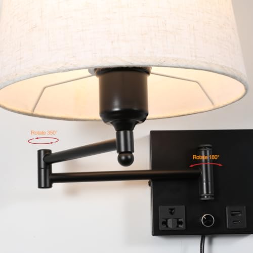 Swing Arm Wall Sconce with Linen Fabric Shade, USB-A & USB-C Charging Ports, Built-in AC Outlet & Rotary Dimmer, Plug-in Adjustable Reading Wall Lamp for Bedside Bedroom Hotel