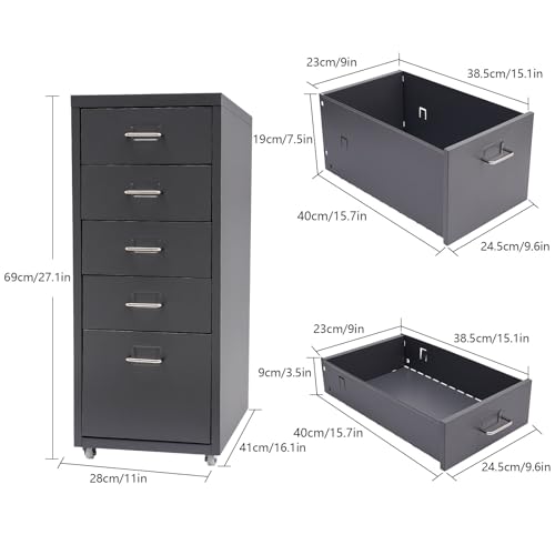 Metal Filing Cabinet with Wheels, 5 Drawers Mobile Storage Cabinet Small Printer Stand Vertical Organizer for Home Office - color: Grey