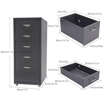 Metal Filing Cabinet with Wheels, 5 Drawers Mobile Storage Cabinet Small Printer Stand Vertical Organizer for Home Office - color: Grey