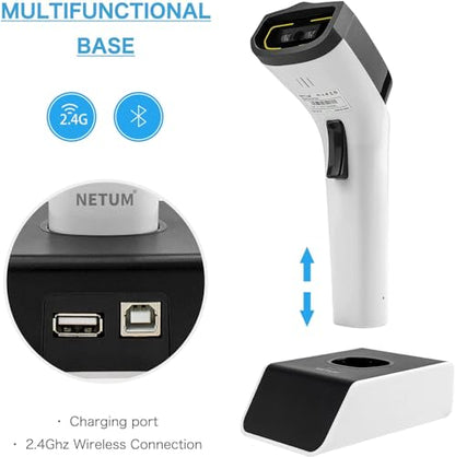 NETUM 1D Barcode Scanner, Wireless Bluetooth with Cradle, DS5000-White - color: White