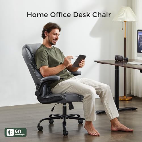 amseatec Big and Tall Office Chair, Flip-Up, Executive Desk Chair, Grey | Ergonomic Leather High Back, Lumbar Support, 90 °Lock, 115° Tilt, 20 Spring Packs, 300lbs Capacity, Wide Seat/Smooth Casters - color: Grey