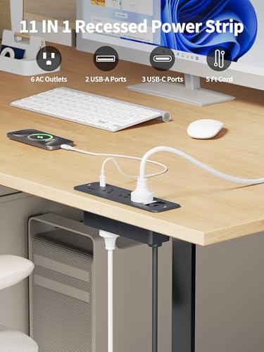Recessed Power Strip, 6 Outlets 5 USB (3 USB-C, 15W/3A Max), 5FT Flat Plug | Flush mount power strip, desktop charging station for desk, nightstand, side table, 1875W/15A, 900J surge protection, Black