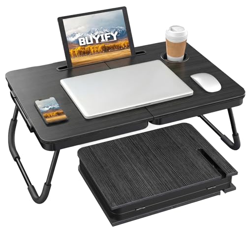 BUYIFY 23.4" Foldable Lap Desk Bed Table with Cup Holder Tray Black - color: Black
