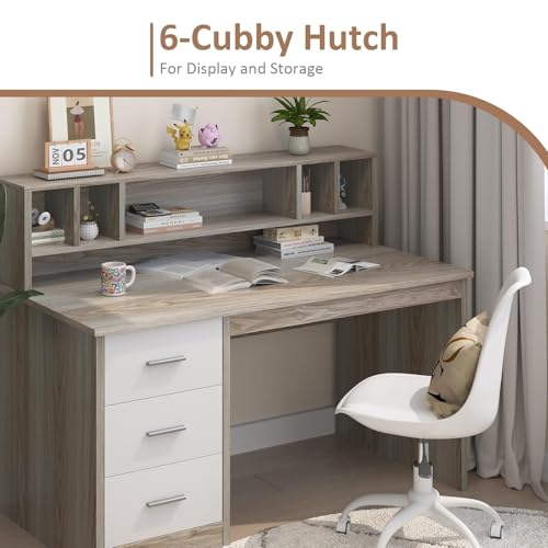 MaverickFurni Home Office Desk with Drawers, 46" Small Desk for Bedroom, Computer Desk with Hutch and Drawers, Study Desk with Storage, White and Walnut - color: White and Walnut