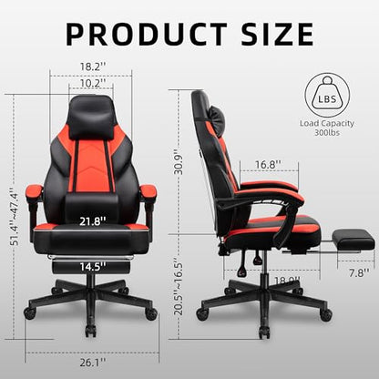 Gaming Chair with Footrest, Massage Lumbar Support, Height Adjustment, and 360° Swivel Seat. Ergonomic Design for Gaming - color: Red