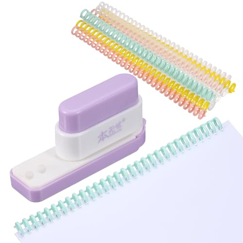 PATIKIL 5 Hole Paper Puncher, Hole Punch Binding Machine Spiral Coil Binder with 10Pcs 30 Ring Loose Leaf Binder Spines 5 Sheets Capacity for DIY Planner Scrapbook Office, Purple - color: Purple