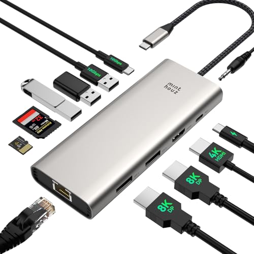 USB C Docking Station Dual Monitor Adapter for Dell HP, Laptop Docking Station 3 Monitors Quad Display USB C Hub Dongle to 4K HDMI+DP,2 USB2.0,100W PD,2.5G Ethernet,12 in 1Dock for Lenovo,Surface