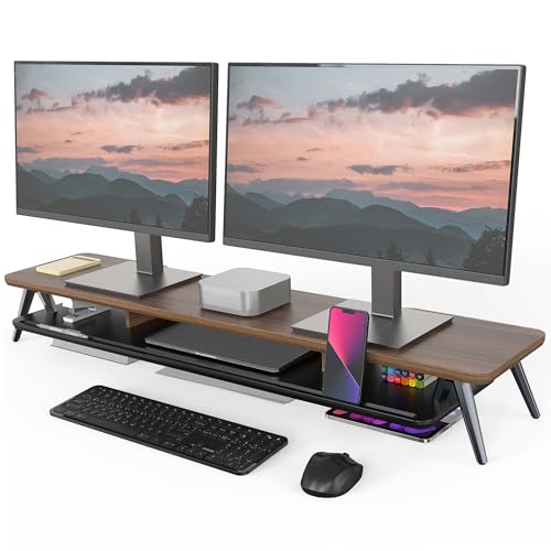 Fenge Dual Monitor Stand Riser, Wooden Desk Shelf with 2-Tier Storage | 42.5-Inch Wide, Sturdy Aluminum Legs, Built-In Phone & Tablet Slot, Desktop Organizer for Office Accessories - color: Walnut, size: 42.5 Inch