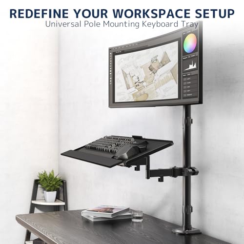 Pole Mount Keyboard Tray - Universal 26 Inch Platform for Keyboard and Mouse, Fits 1.1”–2.4” Poles, Rotation & Tilt Ergonomic Steel Mount Platform with Cable Management, Black