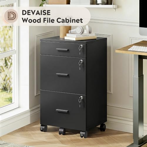 DEVAISE 3 Drawer File Cabinet with Lock & Wheels, Wood Printer Stand, Black - color: Black