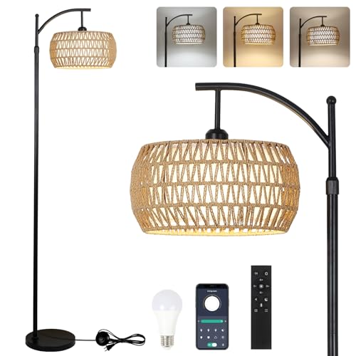 Arc Floor Lamp with Remote Control, Dimmable LED Floor Lamp with 3 Color Temperature, Black Standing Lamp with Rattan & Fabric Double Drum Shade, Boho Farmhouse Tall Pole Lamp for Living Room Bedroom - style: Bohemian