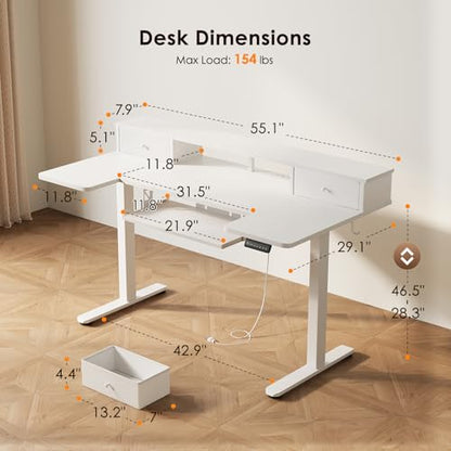 55 Inch U Shape Standing Desk with Keyboard Tray & Drawers, White | Power Outlet, Dual-Monitor Stand, LED Light, 3 Presets, 28.3"-46.5"in Range, 154 lb Capacity - color: White With Drawers, size: 55 Inch