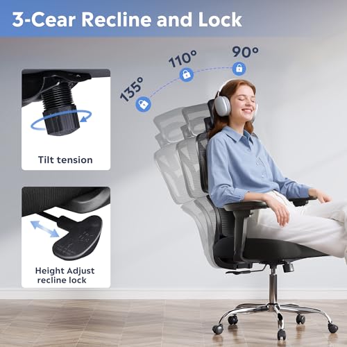 DEVAISE Office Chair Big and Tall Reclining Ergonomic Desk Chair for Long Hours, Comfy Breathable Mesh, Adjustable Armrests with Lumbar Support, Black