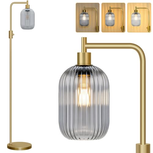 【Upgraded】 Dimmable Floor Lamp for Living Room with Gray Ribbed Glass Lampshade, Gold Modern Floor Lamp with 900LM LED Bulb Included, Arc Standing Tall Lamp for Bedroom, Office, Reading Room, Corner - color: Gray Ribbed Glass-Gold