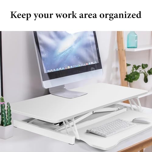 37" Desk Converter, Height Adjustable Stand Up Desk Converter, 2 Monitor Standing, Sit to Stand, Quick Sit to Tabletop, Riser Workstation with Wide Keyboard Tray - color: White