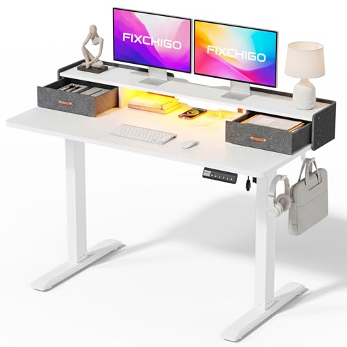 Electric Standing Desk with Drawers, 48 Inch Height Adjustable Desk with Power Outlets & LED Lights, Sit Stand Table with Monitor Stand for Home, Office, White - color: White, size: 48×24 Inch Rectangular with Drawers