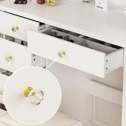 ECACAD Vanity Desk Set with Round Mirror, Makeup Dressing Table with 5 Drawers, Storage Shelves & Cushioned Stool for Bedroom, White - style: White-Without Light