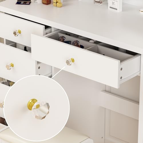 ECACAD Vanity Desk Set with LED Lighted Round Mirror, Makeup Dressing Table with 5 Drawers, Storage Shelves & Cushioned Stool for Bedroom, White - style: White-With Light