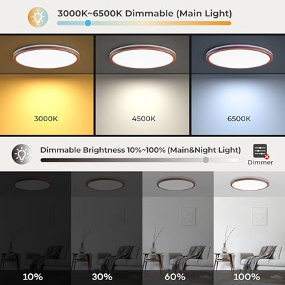 Matane 12in Flush Mount Ceiling Light Fixture with Remote Control, Nightlight 2000K Warm, 3000K-6500K Adjustable, Wired Low Profile Ceiling Lights for Bedroom, Kitchen, Living Room Walnut - color: Walnut, size: 12 Inch