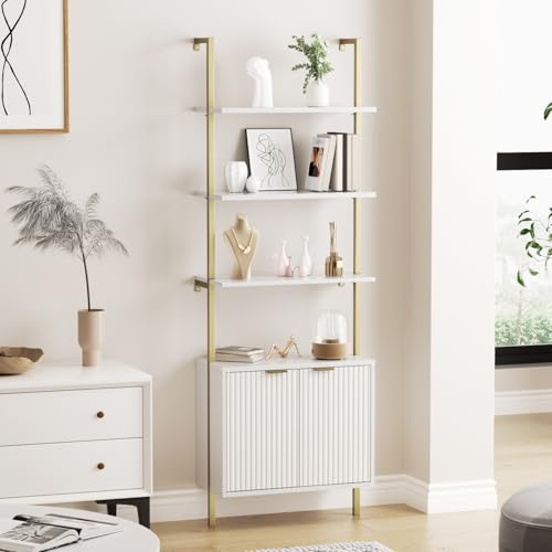 Halitaa 71”Ladder Shelf with Storage Cabinet, Wall Mounted Ladder Bookshelf | Modern Wall Mount Bookcase with Fluted Doors, Display Shelves for Living Room, Bedroom, Bathroom, Home Office, White & Gold - color: White + Fluted, size: 1PC