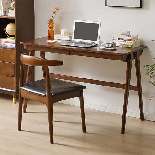 Computer Desk with Drawers, Solid Wood Writing Desk, Mid Century Modern Home Office Desks, Oak Study Table, Small Desk for Bedroom, 29.1 H x 39.4 W x 21.7 D Inches, Walnut - color: Walnut
