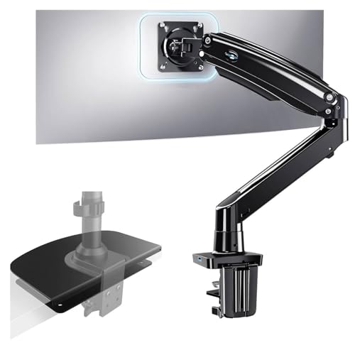 HUANUO Single Monitor Arm for 40 inch Screens, Ultrawide Computer Monitor Mount Steel Monitor Mount Reinforcement Plate for Thin, Glass and Other Fragile Tabletop
