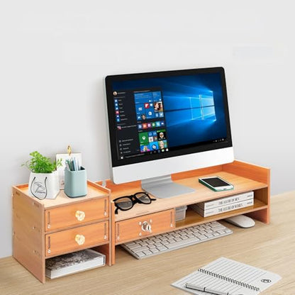Computer Monitor Stand with Drawers, 18.9 Inch Wood Monitor Stand, Computer Rack with Lockable Drawer & Phone Holder for Office Home