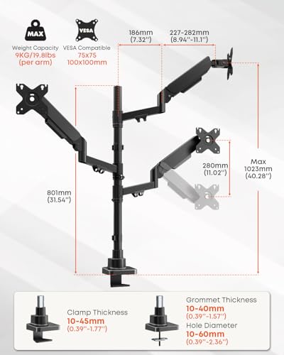 Triple Monitor Mount for up to 32’’ Ultrawide Screens, Heavy Duty,Black