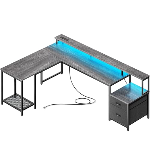 PRAISUN 66" L Shaped Gaming Desk with LED Lights & Power Outlets - color: Grey