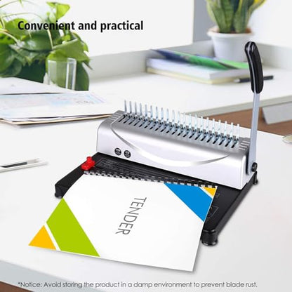 Comb Binding Machine - Punch 12 Sheet, Easy Punch No Jam, Heavy-Duty Metal Build, Book Binder for Office Reports & Home School Projects, Includes 100 Combs, Letter/A4/A5 Compatible - color: Silver