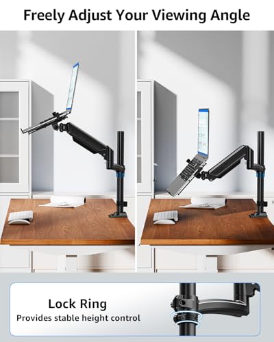 MOUNTUP Laptop Desk Mount, Adjustable Laptop Stand for max 17" Notebook or 32" Monitor, Laptops Arm Mount for Desk Holds 4.4-22lbs, Tall Laptops Stand with Clamp/Grommet - size: Single-With Pole