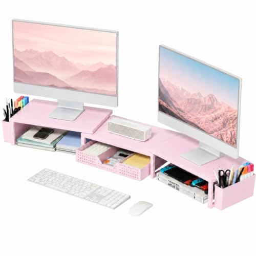 OPNICE Desk Organizers and Accessories, Dual Monitor Stand Riser with Drawer and 2 Pen Holders, Desk Shelf Computer Racks & Printer Stand for Office Workspace Organizers, Desktop Organization (Light Pink) - color: Light Pink