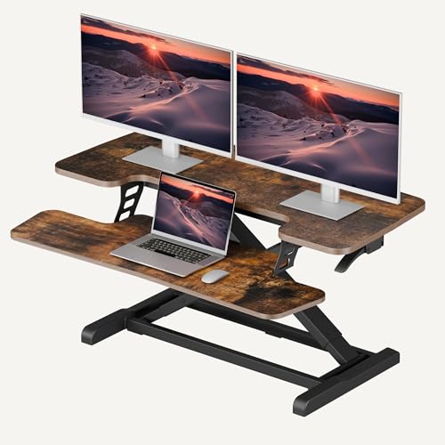 SANODESK 36" Standing Desk Converter, Height Adjustable Sit-Stand Computer Riser, Dual Monitor Workstation with Keyboard Tray, Ergonomic Tabletop, Rustic Brown - color: Rustic Brown, size: 36"